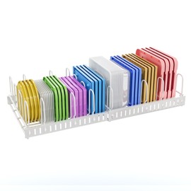X-cosrack Expandable Food Container Lid Organizer,Large Capacity Adjustable 10 Dividers Detachable Lid Organizer Rack for Cabinets, Cupboards, Pantry Shelves, Drawers to Keep Kitchen Tidy,White