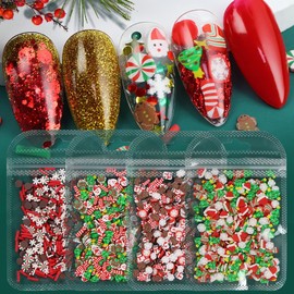 4 Bags Christmas Nail Art Slices Snowflake Santa Claus Christmas Tree Candy Snowman Gingerbread Man Designs Christmas Nail Charms 3D Winter Mini Clay Slices for Acrylic Nails Decorations