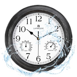 Lafocuse Outdoor/Indoor Waterproof Wall Clock with Thermometer and Hygrometer Combo, Silent Non Ticking Kitchen Black Wall Clocks Battery Operated Decorative for Patio Porch Garage 12 Inch-Version 2.0