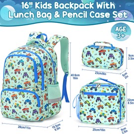 Fimibuke Kids Backpack for School Boys, 3PCS Waterproof Toddler School Bag Bookbag Set with Lunch Box & Pencil Case for Preschool Kindergarten Elementary Back to School Student Ages 3-12 Monster Truck