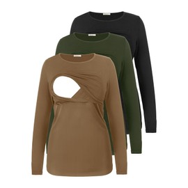 Women's Nursing Tops Long Sleeve Maternity Clothes Breastfeeding Shirts 3 Pack Pregnancy Clothes,XL