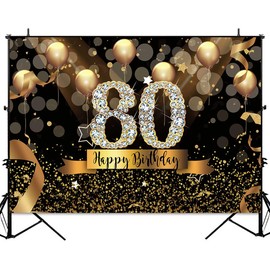 Sensfun Happy 80th Birthday Backdrop for Men Women Glitter Black and Gold Balloons Photography Background for 80th Birthday Party Decorations Shining Diamond 80 Years Old Photo Booth Banner 7x5ft