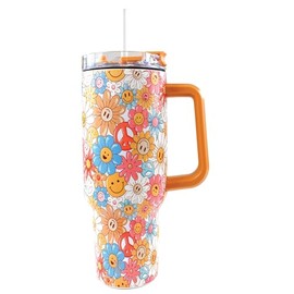 Simply Southern | 40 oz Tumbler with Straw and Lid | Insulated Cup Reusable Stainless Steel Water Bottle Travel Mug Cupholder Friendly | Gifts for Women (Design -Happy Flower)