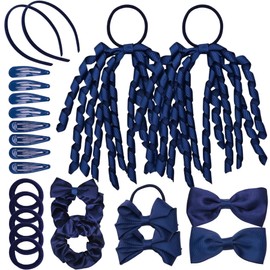 Basic Sense School Plain Hair Accessories Set, 23pcs Hair Ties, Scrunchies, Ribbon Ponytail Holders, Pins for School Uniforms, Navy