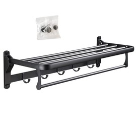 Hoopever 24 Inch Foldable Towel Rack for Bathroom with Hooks Towel Bar, Adjustable Bathroom Lavatory Towel Shelf Wall Mounted, Space Aluminum, Black