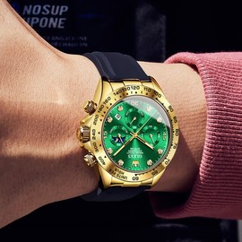OLEVS Green Watches for Men Business Diamond Moon Phase Male Watch Chronograph Fashion Dress Waterproof Date Analog Quartz Waterproof Men Wrist Watch Gold