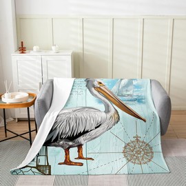 Homewish Cute Pelican Throw Blanket Nautical Themed Watercolor Sailship Lighthouse Fleece Blanket for Kids Teens Adults Cartoon Bird Wild Animal Flannel Blanket for Sofa Chairs 30x40