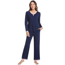 NACHILA Women's Pajamas Set Long Sleeve Sleepwear 2 Piece Pjs Soft Pajama Sets V Neck Loungewear, Viscose Made from Bamboo Navy Blue M