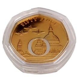 2020 Isle of Man VE Day Victory 75th Anniversary Dual Plated Letter O UNC 50p coin with Heptagon Acrilyc Coin Holder
