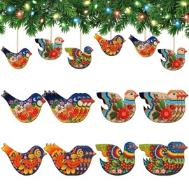 Arrowbash 16 Pcs Christmas Floral Bird Ornament Wooden Flat Ukrainian Gift
