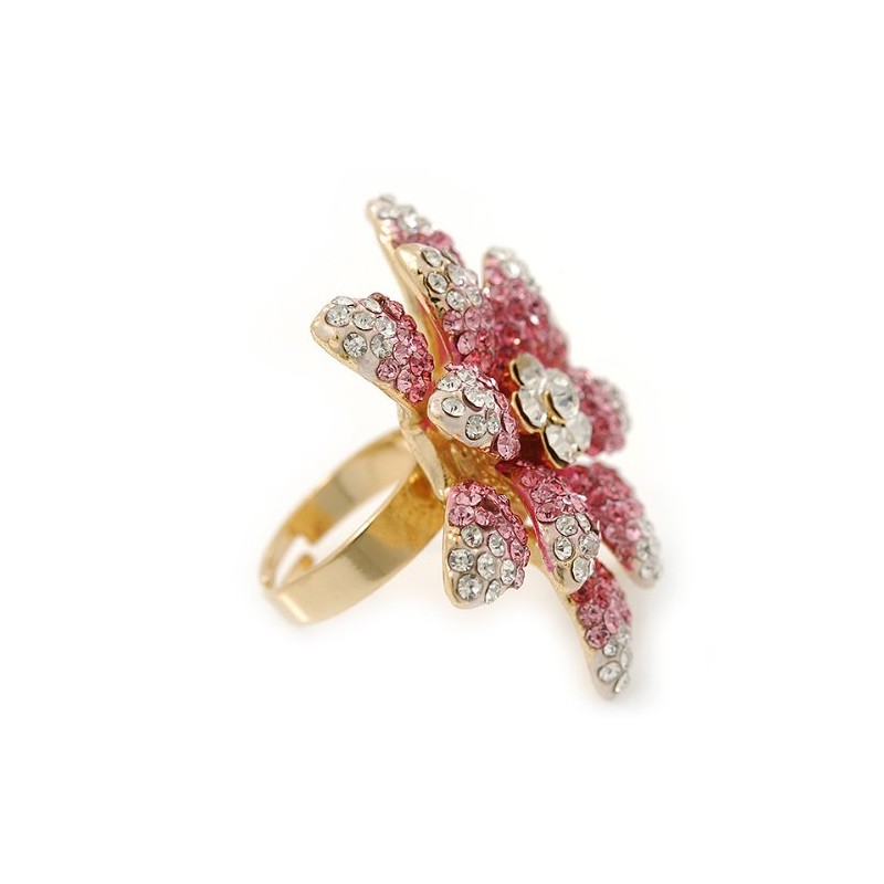Avalaya Large Dimensional Clear/Pink Diamante Narcissus Cocktail Ring In Gold
