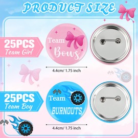 Quelay 50 Pcs Gender Reveal Button Pins 1.75 Inch Team Boy or Girl Pins Bulk, Burnouts or Bows Gender Reveal Decorations Baby Shower Party Favors for Guests Pink and Blue Badge Supplies