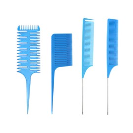 Hair Styling Comb Set - Highlighting Professional Metal Rat Tail Comb, Teasing Comb for Dyeing, Foiling Comb for Hairstylist Barber and Home Use (4 Pcs Blue)