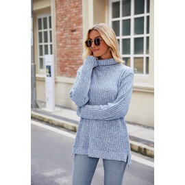 Famulily Women's Longline Jumper Sweater High Neck Long Sleeve Side Split Ribbed Winter Clothes Tops (XL, Blue)