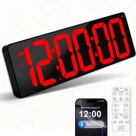 TXL 17.2" Bluetooth Digital Wall Clock with Seconds, Large Countdown Timer for Classroom Home Gym Kitchen Office, Alarm Clock with Remote Control, 4 Dimmable Brightness, Auto DST (Red)