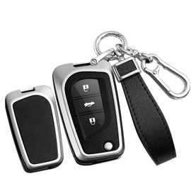 TECART Folding Car Key Case Key Cover Zinc Alloy Leather Keychain fit for Toyota Corolla Auris Aygo Avensis Verso Yaris Scion TC 10 Series Scion iM Flip Key Shell Protection Covers Silvery-black