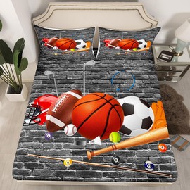Manfei Sports Fitted Sheet Twin Size, Basketball Football Soccer Baseball Bedding Set 2pcs for Kids Teens, Grey Brick Wall Print Bed Cover with 1 Pillowcase, Soft Polyester Bedding