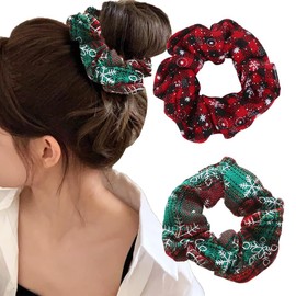 Christmas Hair Scrunchies Snowflake Hair Bands Soft Elastic Scrunchy Ponytail Holder Hair Ties Red Green Snow Flake Plaid Design Hair Scrunchy for Women Girls Silk Hair Ropes Festival Party Supplies