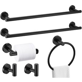 6 Pieces Matte Black Bathroom Hardware Accessories Set, SUS304 Stainless Steel 24 Inch Bath Towel Bar Set, Round Bathroom Towel Holder Set, Towel Racks for Bathroom Wall Mounted