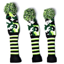 GOOACTION 3PCS Knitted Golf Head Covers 1-3-5 for Driver and Fairway Woods with Long Neck Design Camouflage Army Green Sock Pom Pom Camo Vintage Golf Club Head Covers Set