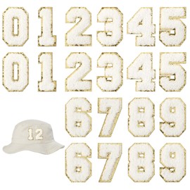 20 Pcs Iron on Number Patches, 2.13 Inch Chenille Numbers Embroidery Patches with Gold Glitter Sequins White 0-9 Applique for Team Jerseys Sports Football Jeans Bags Hats Clothing Decors