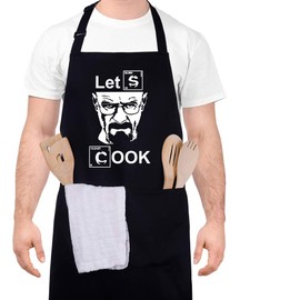 QINREN Funny Cooking Apron for Men, Funny Patterns Letters Design - Let's Cook- Professional Waterproof Apron Chef Husband Kitchen Apron with Double Pocket Adjustable Father's Day Birthday Gift