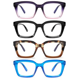 Hubeye 4 Pairs Retro Oversized Large Frame Reading Glasses Men and Women Square Fashion Oprah Style Blue Light Blocking Computer reader with glasses cloth cover +1.0