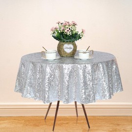 JYFLZQ Silver Round Sequin Tablecloth 50" Small Sparkly Silver Metallic Table Cloths Table Cover Overlay for Wedding Birthday Party Baby Bridal Shower