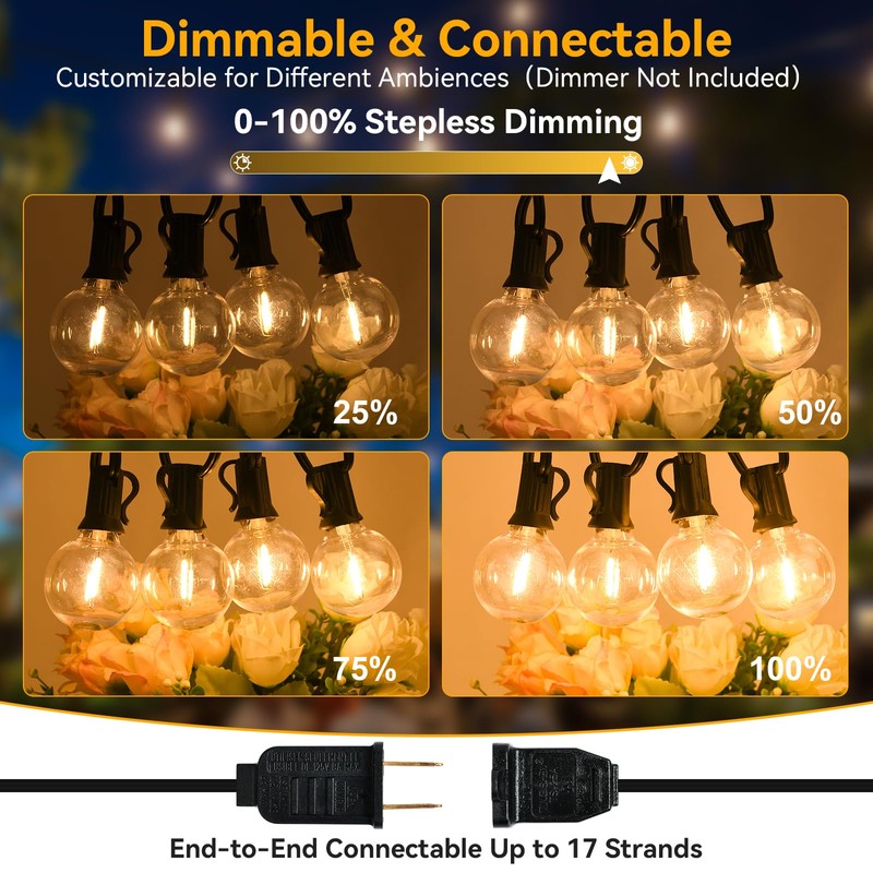 100ft Outdoor String Lights Waterproof/Connectable/Dimmable with 52 LED Shatterproof Bulbs,2-Pack