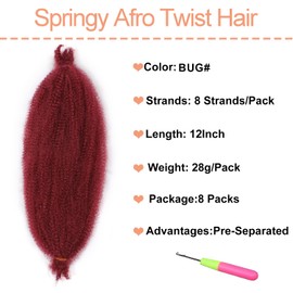 Mscat 30,5 cm vorgetrenntes Springy Afro Twist Hair 8 Packs Bungundy Marley Twist Crochet Braiding Synthetic Hair Extensions (8 Strands/Packung, BUG#)