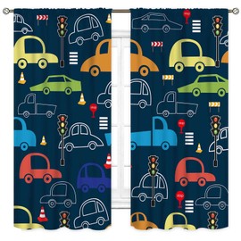 Cortinas de coche de dibujos animados para recámara de niños, construcción colorida para tractor de coche, transporte de ciudad, vehículos de transporte de tráfico azul marino, juego de tratamientos