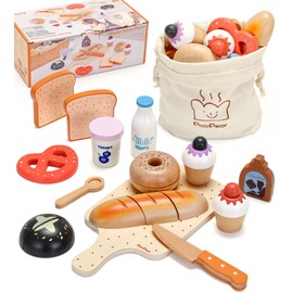 PairPear Wooden Bakery Toy Food Playset for Kids Kitchen, 22 PCS Play Food Kitchen Toys for Toddler 3+, Play Kitchen Accessories with Shopping Bag, Cutting Food Toys Gift for Boys and Girls