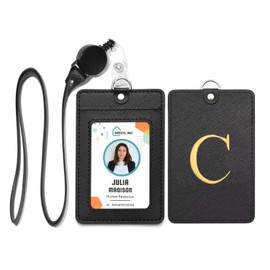 Initial Badge Holder w. Adjustable Retractable Lanyard, Embroidered Letter PU Leather ID Badge Card Holder w. Clear ID Window for Employees, Offices, Staff, Students, Black Gold (C-Black+Gold)