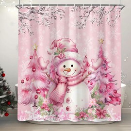 Pink Christmas Snowman Shower Curtain, Cute Winter Snowflake Snowman Pine Tree Decoration Xmas Shower Curtain for Bathroom, Farmhouse Christmas Holiday Fabric Bath Curtain Set with Hooks 72"X72"