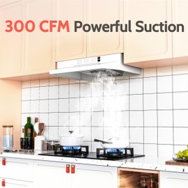 FIREGAS 24 inch Range Hood, 300CFM Ducted/Ductless Convertible Under Cabinet Range Hood in White Painted Stainless Steel with 2 watt LED Light and Filter, 2 fan speeds,hassle-free installation