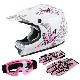 TCT-MOTORPARTS DOT Youth Kids Dirt Bike Full Face Helmets Motocross ATV Offroad Four Wheeler Helmet Pink Butterfly X-Large Size