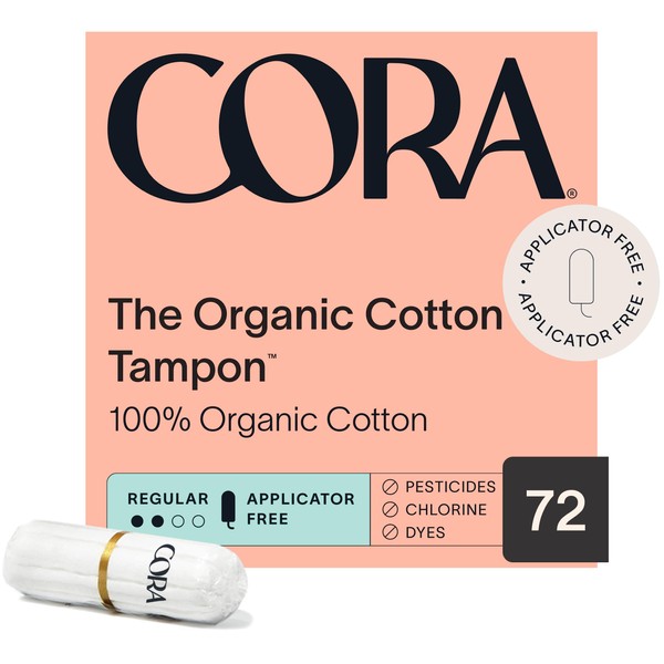 Cora 100% Organic Cotton Non-Applicator Tampons | Ultra-Absorbent, Unscented, Natural, Non-Toxic, Applicator Free | Eco-Conscious