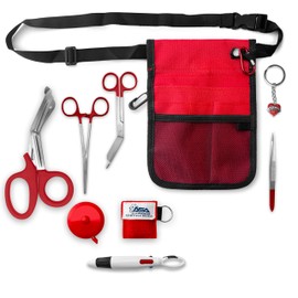 ASA Techmed Nurse Fanny Pack with Trauma Shears & Accessories – Medical Utility Belt with Nursing Supplies Including Tweezers, Bandage Scissors, CPR Face Shield, Measuring Tape - Red
