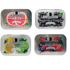 Dr. Doolittle’s Pastilles Sugar Free Variety Pack for Voice and Throat, Blackcurrant, Grapefruit, Lemon Lime, and Wild Berries, 2.12 oz Tin, approximately 25 Count Package, 4 Pack