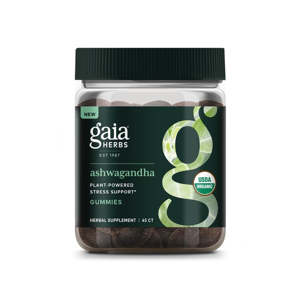 Gaia Herbs Organic Ashwagandha Gummies, Stress Support, Cinnamon, Ginger, Gluten Free, Vegan, 45 Count