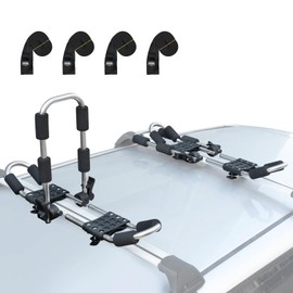 Leader Accessories Folding Kayak Roof Rack - 4 PCS/Set Heavy Duty Stainless Steel J Bars for Canoe, Surf Board, SUP - Mounts on Roof Crossbar with 4 Tie Down Straps, Fits Cars, SUVs, Trucks