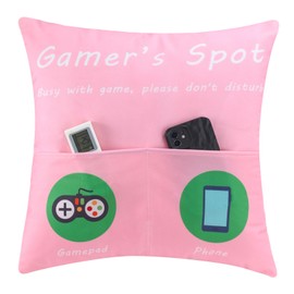 EURhine Gaming Throw Pillow Cover with 2 Pockets Gamers Birthday Gift Pillowcase with Gamepad Pocket Sofa Couch Pillow Case Boys Girls Men Gamer Room Home Décor (Pink, 45x45cm)