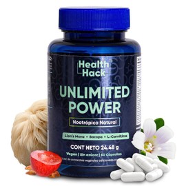 Melena de Leon, Complejo B y L Carnitina para Mejor Concentracion y Memoria | Nootropico Reforzado con L-Tirosina, Bacopa Monnieri y Semilla de Uva | Unlimited Power Health Hack - 60 capsulas