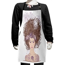 Ambesonne Zodiac Virgo Apron, Lllustration of Virgo Astrological Sign as a Young Girl with Floral Hairstyle, Small Apron Bib with Adjustable Ties for Baking Painting, Small Size, Multicolor