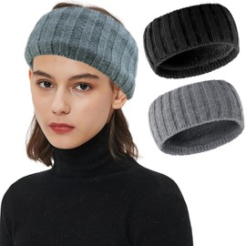 HAKUKU Diademas de Invierno para Mujer 2 Pack，Felpa Diademas de Punto Elástica de Invierno, Turbante Extra para Mujer, Diademas de Punto para Clima Frío, Regalos (Negro+Gris)