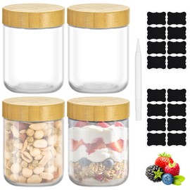 TranRantic 4Pcs Glass Jars with Bamboo Lids, 16 oz/480ml Overnight Oats Containers with Lids, Transparent Reusable Glass Storage Jar, Salad Yogurt Jars for Overnight Oats Snacks Fruits Cookie