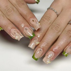 24Pcs Green Chrome French Tip Press on Nails Medium Length Coffin Shape Fake Nails 3D Butterfly Designs Nude Pink False Nails Rhinestones Artificial Nail Reusable Glue on Nails Acrylic Nail for Women