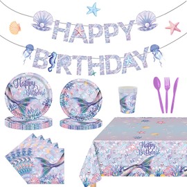 170Pcs Mermaid Birthday Party Decorations , Mermaid Party Supplies Set Includes Napkins, Tablecloths, Cups, Plates, Knives, Forks, Spoons, Ocean Theme Birthday Party Banners, Serves 24