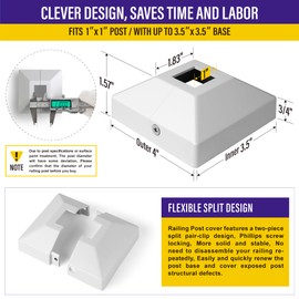 Hulave Split Post Cover, Fits 1"x1"/3.5"x3.5" Base, for Indoor/Outdoor Iron Railing, Fence, Stair Post Base Decorative Skirt Covers (1Pack-White)