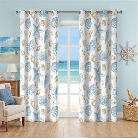 Coastal Beach Curtains Decorative Nautical Seashell Starfish Grommet Drapes Themed Thermal Insulating 50% Light Blocking Window Curtain 63 Inch Length for Living Room, Bedroom 2 Panels, 52x63 Inches